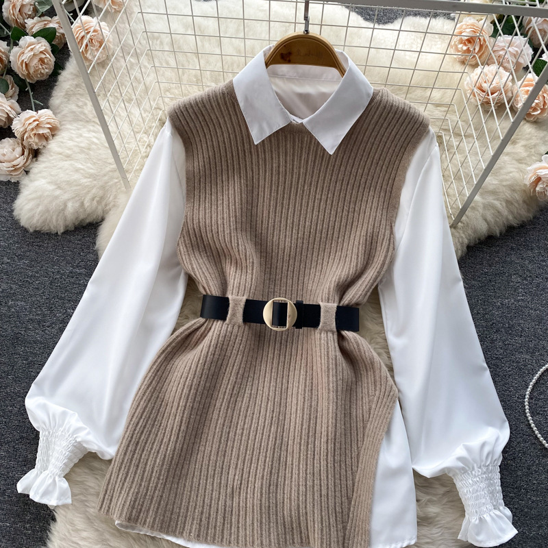 Set de două piese pentru femei, cămașă albă cu mâneci lungi și vestă din tricot despicat_voghion.com