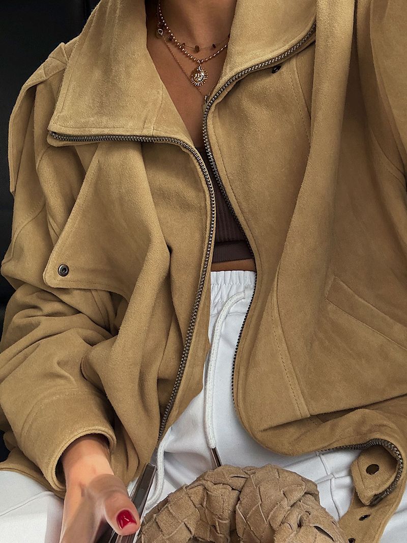 Women's Suede Fleece Jacket - Soft Matte Finish, Stylish Loose Fit, Mid-Length Coat With Stand Collar & Pockets (Khaki, S/M/L)_voghion.com