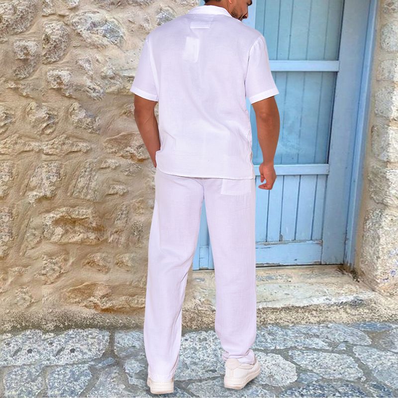 Tuta estiva casual estiva ampia a maniche corte T-shirt pantaloni lunghi elastici a quattro lati da uomo_voghion.com