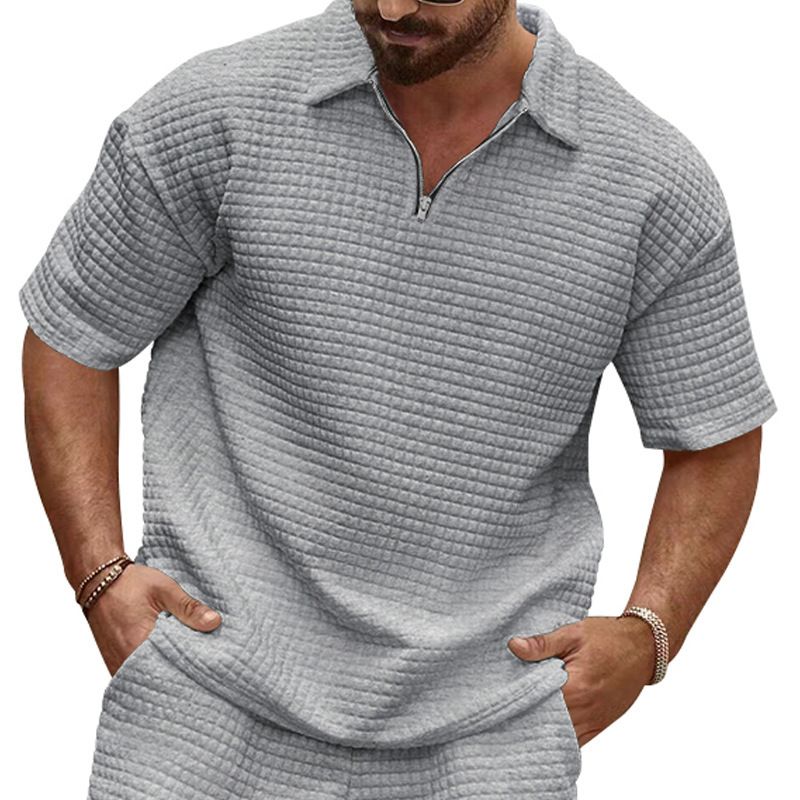 Polo informal de verano 2025 para hombre, cómodo, de jacquard, con cuadros pequeños, color liso, cuello vuelto, pantalón corto deportivo_voghion.com