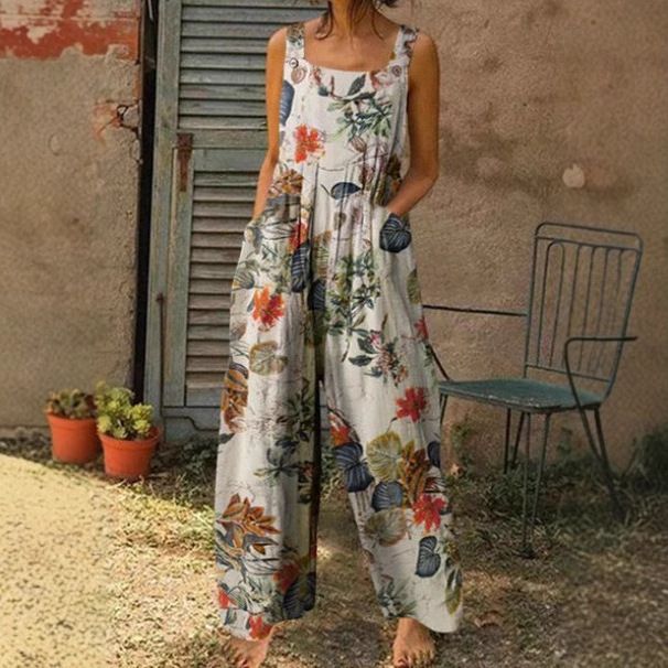 Dameklær Vår Damemote Etnisk stil Lappemønstret trykk Knapper Jumpsuit Overalls Bukser_voghion.com