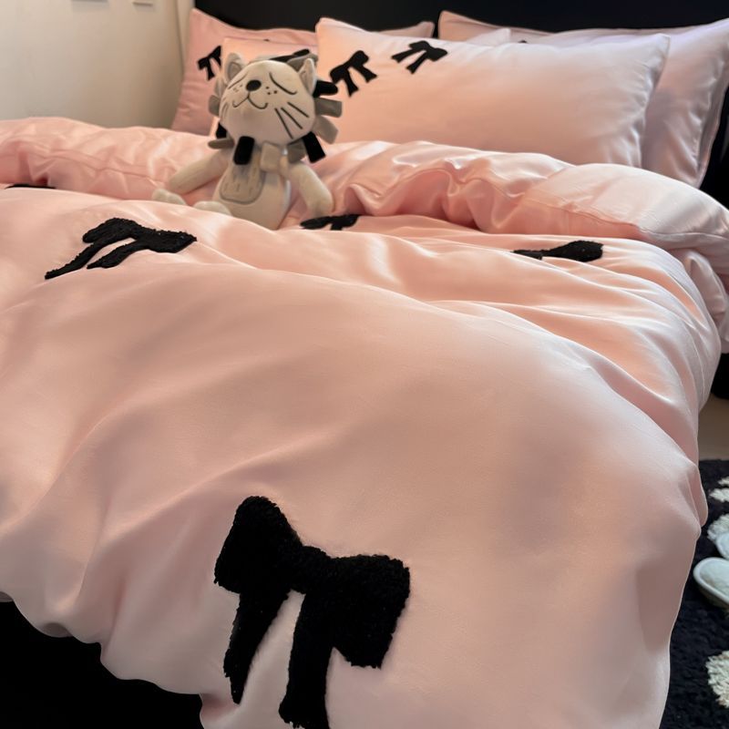 INS Ice Silk Four-Piece Bowknot Towel Embroidered Duvet Cover Female Student Dormitory Bed Sheet Three-Piece Bedding Set_voghion.com