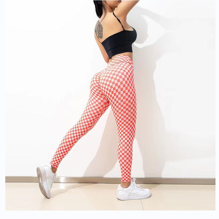 Pantalon de yoga Yiwu à carreaux imprimés multicolores pour femmes, pantalon froissé, rehausseur de hanches, amincissant, à séchage rapide, best-seller_voghion.com