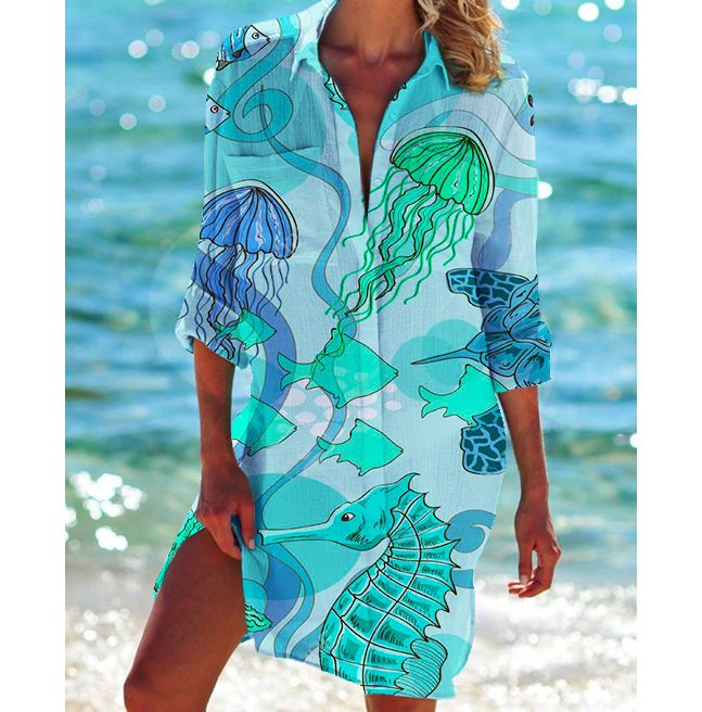 2022 New Bikini Jacket Swimsuit Cardigan Women's Printed Vacation Beach Shirt_voghion.com
