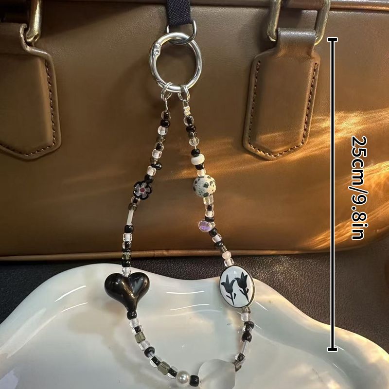 Korean New Sweet And Cool Black Love Keychain Niche Texture Beaded Pendant Mobile Phone Case Pendant Short_voghion.com