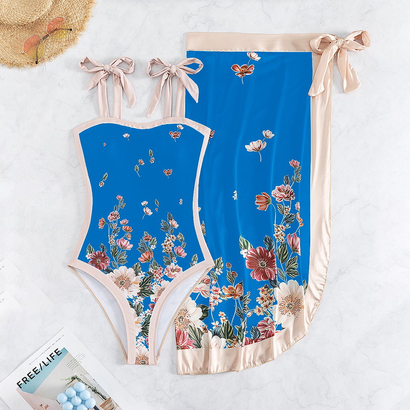 Femmes rétro fleur imprimé maillot de bain sexy à lacets une pièce maillot de bain deux pièces jupe de plage femmes_voghion.com