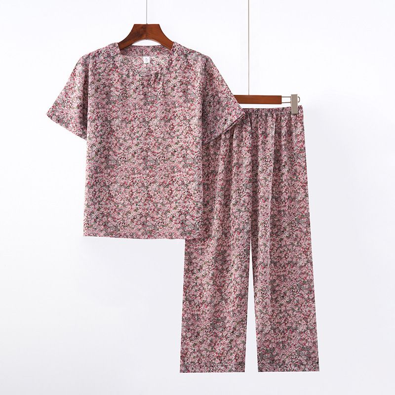 Conjunto de duas peças para mulheres de meia-idade e idosas, verão, gola redonda, estampado, manga curta, solto, casual, confortável, avó_voghion.com