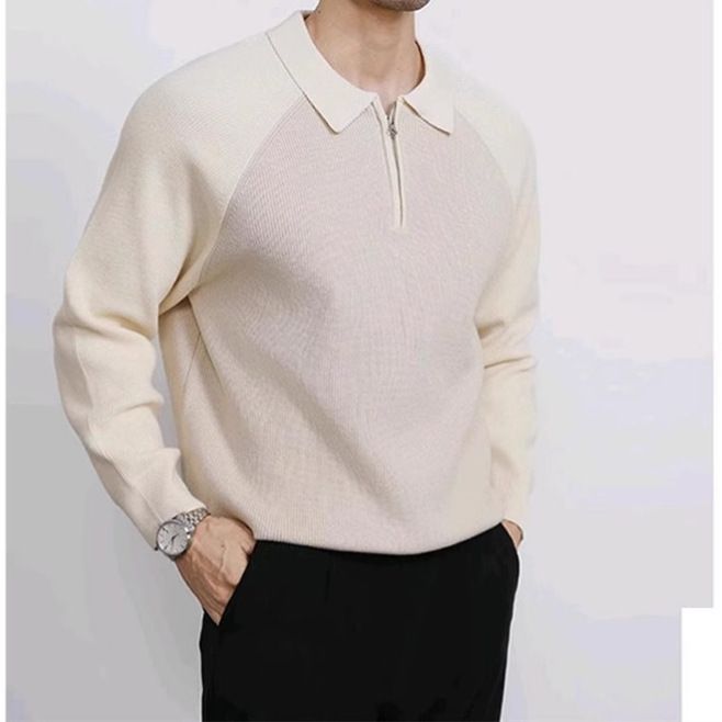 "Herren-Polopullover mit Kontrastkragen und Halbreißverschluss – Übergroßer Strickpullover mit Raglanärmeln, maschinenwaschbar (5 Größen, Grün/Schwarz/Weiß)"_voghion.com