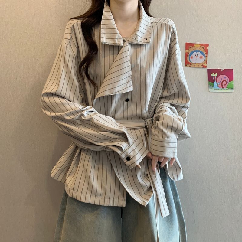 Irregular Long Sleeve Striped Turtleneck Shirt For Women, Autumn And Winter, Plus Size, Designed To Slim_voghion.com