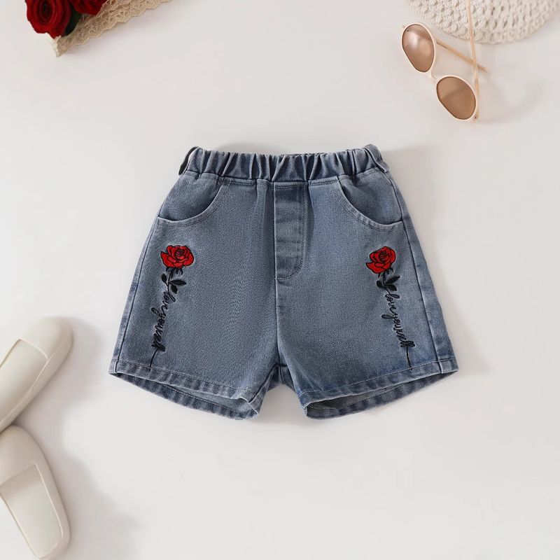 Ropa para niños Pantalones cortos de mezclilla para niñas Pantalones cortos de mezclilla de estilo nuevo de verano para niñas Chaleco rojo Traje corto de mezclilla_voghion.com