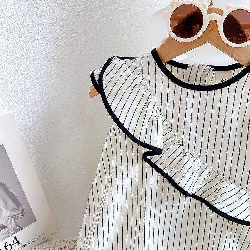 Kinderkleidung Mädchen Prinzessinnenkleid Sommer Neue Kindermode Rundhalsausschnitt Kleine fliegende Ärmel Gestreiftes Kleid_voghion.com