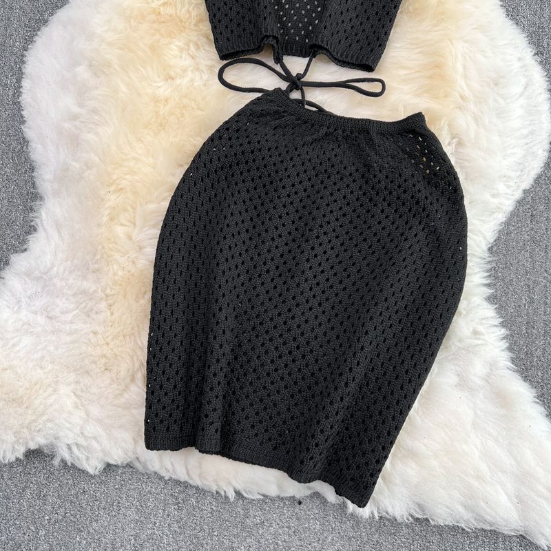 Damenbekleidung Strandurlaub Modeanzug Pure Desire Neckholder Hohlstrick Camisole Weste Zweiteiliger Set Hüftrock mit hoher Taille_voghion.com
