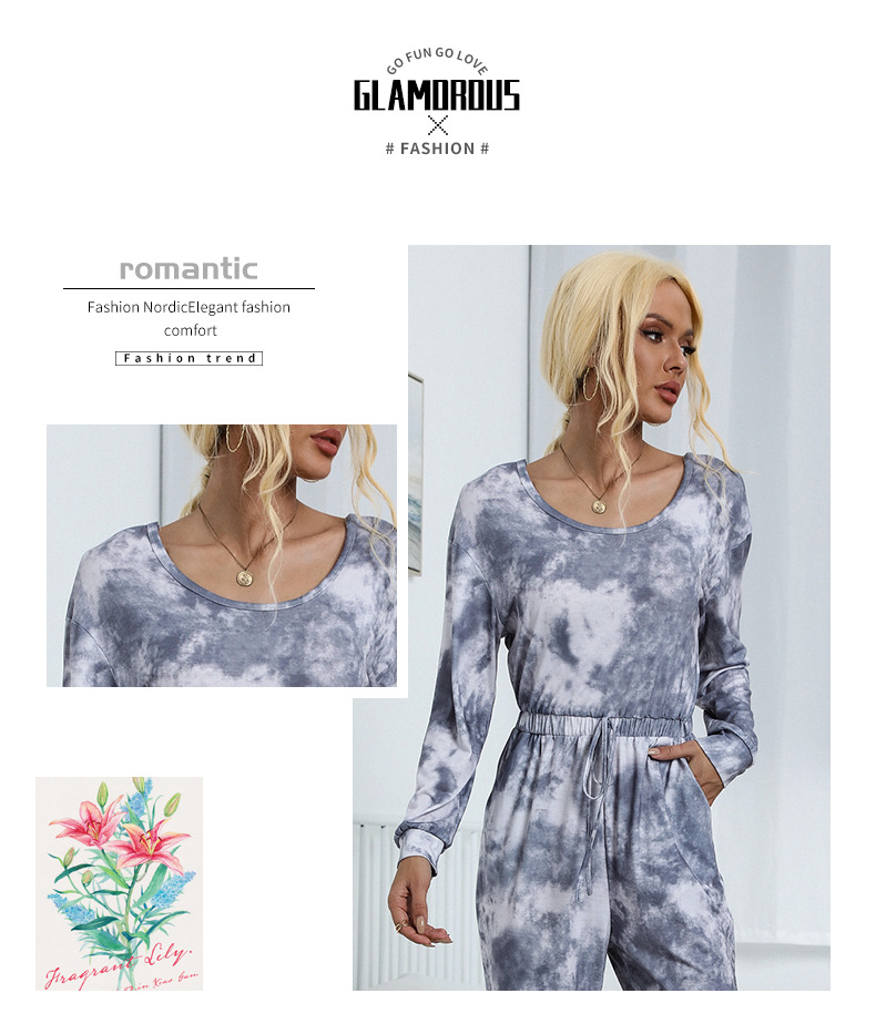 Dameskleding onafhankelijke station spot kleding tie-dyed ronde hals lange mouwen trekkoord broek jumpsuit_voghion.com