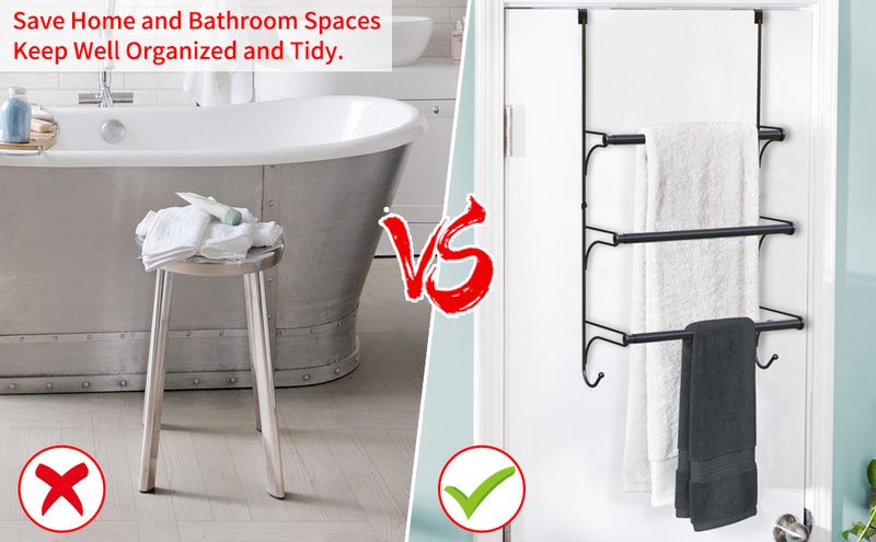 Auledio Adjustable Over The Door Triple Towel Rack With Hooks,Black_voghion.com