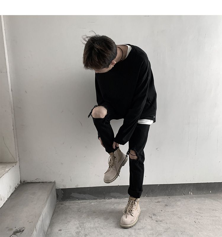 Korean version of trendy high street summer black loose straight leg jeans with large holes for men's casual versatile_voghion.com