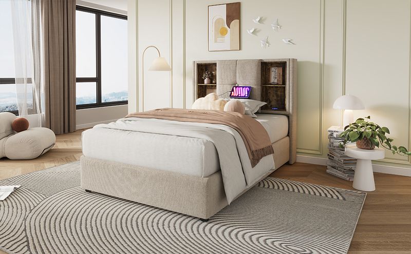 Lit simple avec recharge sans fil USB-C, cadre de lit rembourré avec rangement 90 x 200 cm, sommier à lattes en bois, tissu en lin naturel (avec matelas)_voghion.com