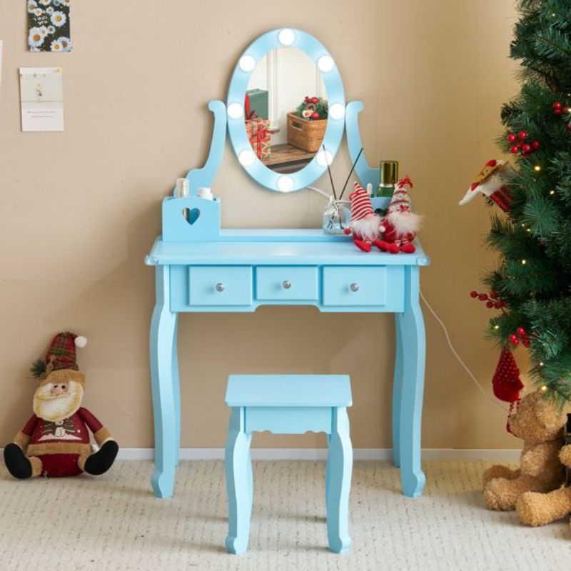 Set da toeletta Play Lights con sgabello contenitore, sgabello da toeletta, scrivania con cassetti, 5 cassetti, specchio e trucco_voghion.com