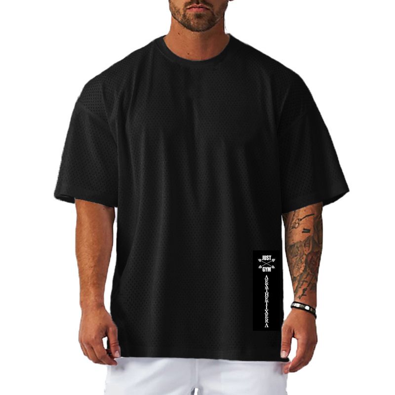 Schweres, hochwertiges T-Shirt für Herren in Übergröße, Sommer, Netzstoff, Sport, schnelltrocknend, Fitness, kurze Ärmel, lässig, locker, halbe Ärmel_voghion.com