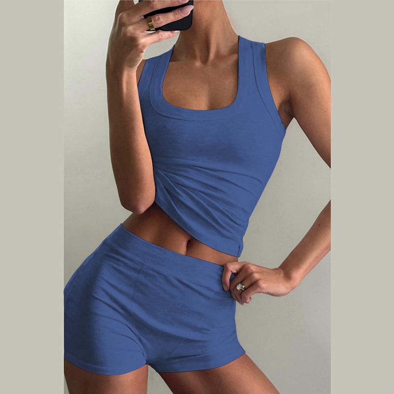 Damenbekleidung Herbstmode Lässig Rundhals Einfarbig Slim Fit I-förmige Weste Hohe Taille Shorts Anzug_voghion.com