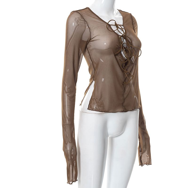 Plus Nine Q21TP300 Summer New Solid Color Lace up Neck Hanging Perspective Split Long sleeved Women's Top_voghion.com