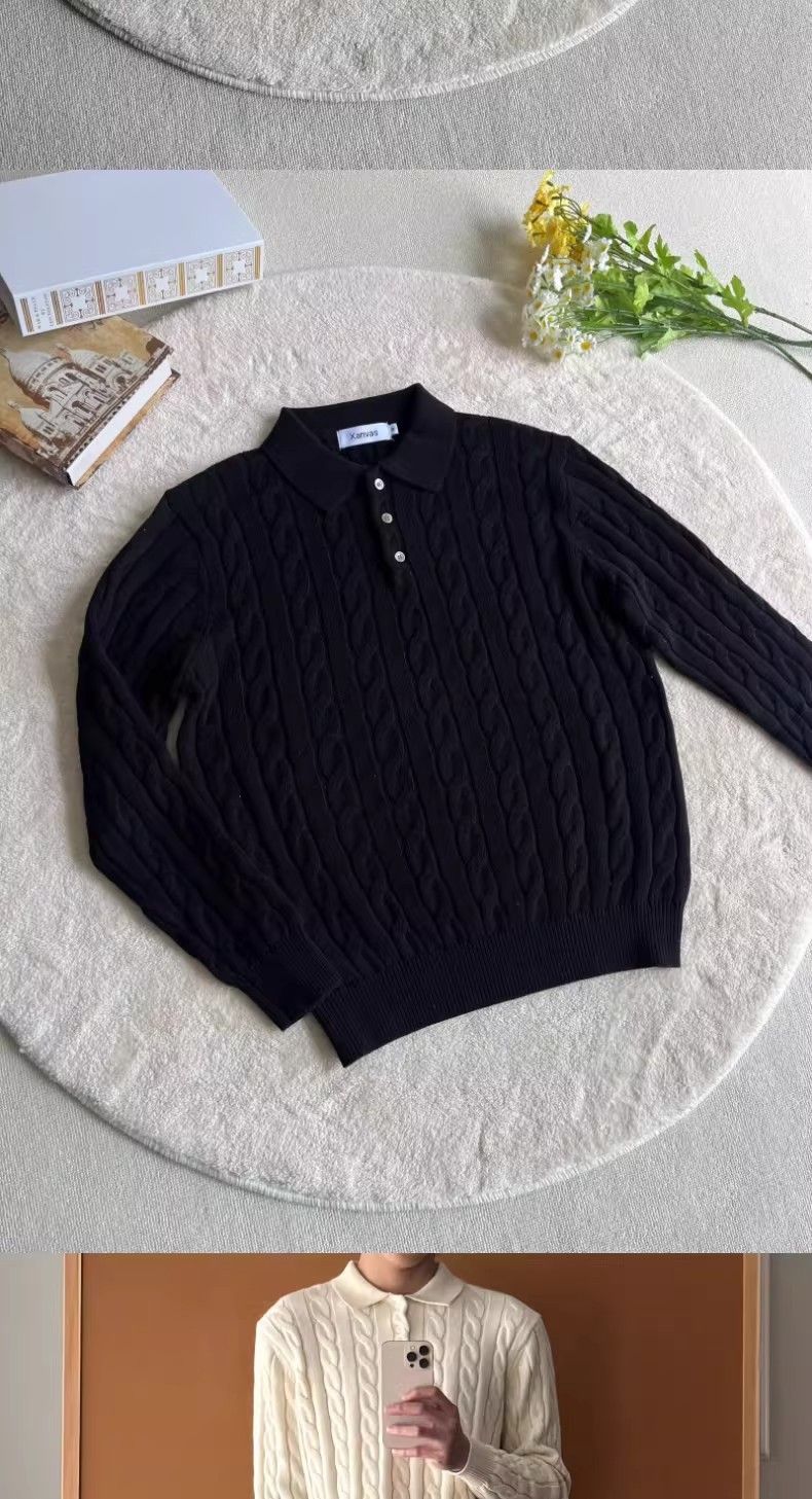 Pull unisexe en maille torsadée - Pull oversize à col polo pour un style automne-hiver sans effort (gris, noir, beige)_voghion.com