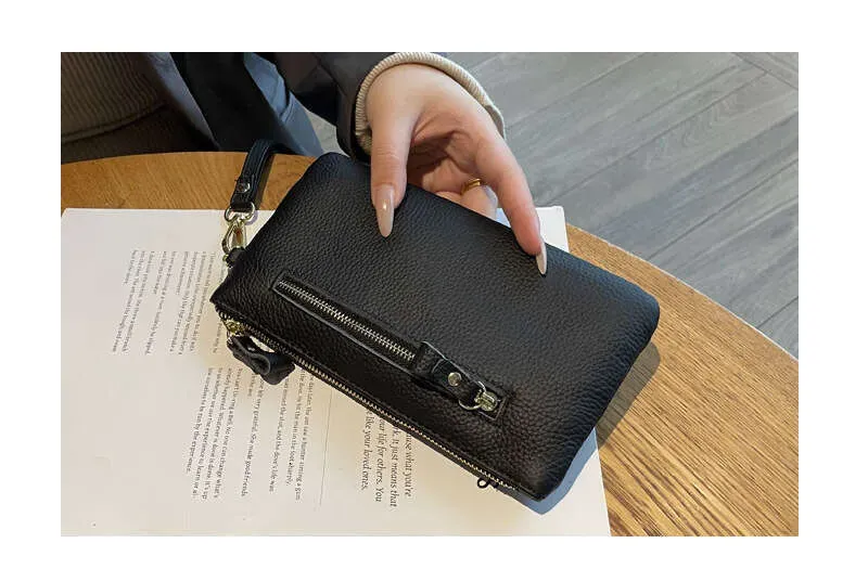 Top Layer Cowhide Long Printed Wristlet Bag Fashionable Mom Clutch Classic Trendy Versatile Wallet_voghion.com