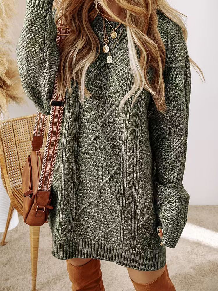 Oversized Knit Sweater Dress – Women's Long Sleeve Casual Tunic In Soft Polyester (Black/Army Green/Khaki/Caramel/White)_voghion.com