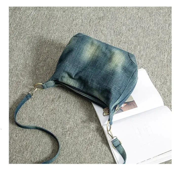 Borsa a tracolla casual da donna in denim con doppia cerniera, borsa a tracolla da donna in tela di qualità, borse da viaggio blu Bolsa_voghion.com