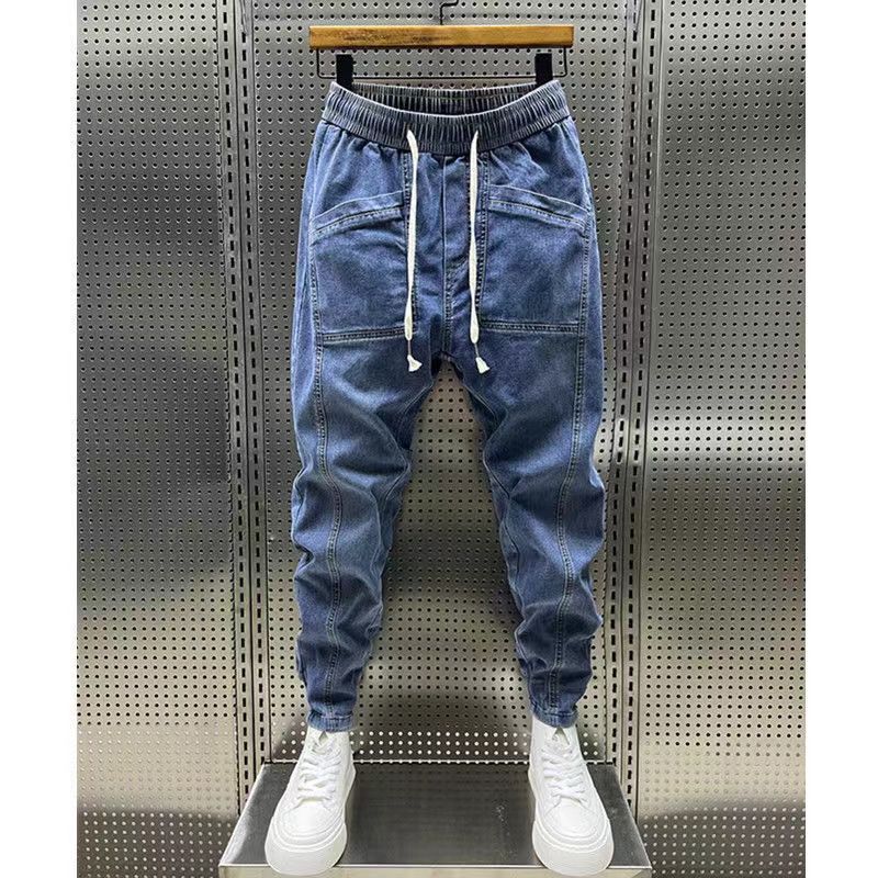 Pi Shuai jeans spring and autumn new elastic slim fit men's cropped versatile drawstring small leg pants trendy_voghion.com