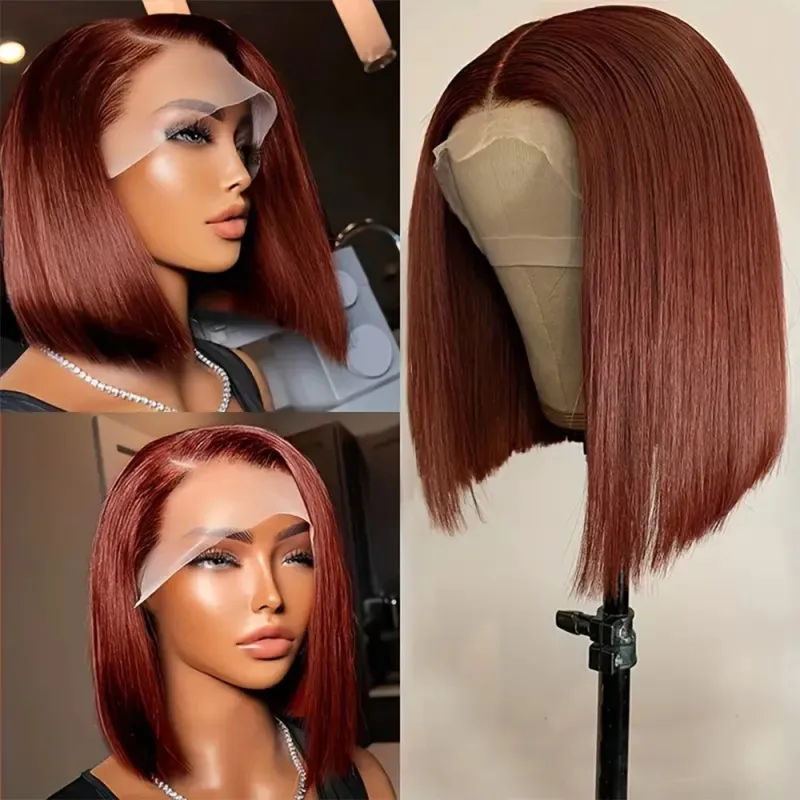 Rötlich braune Lace Frontal Perücke aus Echthaar, Bob-Perücke, 13 x 4 Zoll, gerade, kurze, kupferrote Perücken_voghion.com