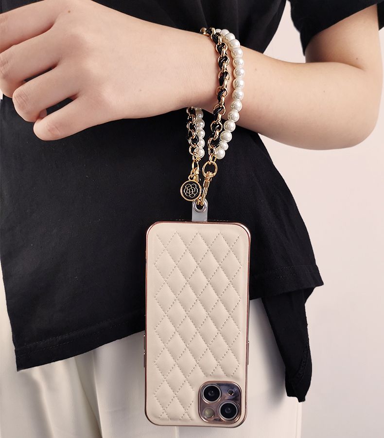 Couro pérola camélia móvel charme pulseira corrente para iphone samsung anti-perdido universal celular cinta corda pingente_voghion.com