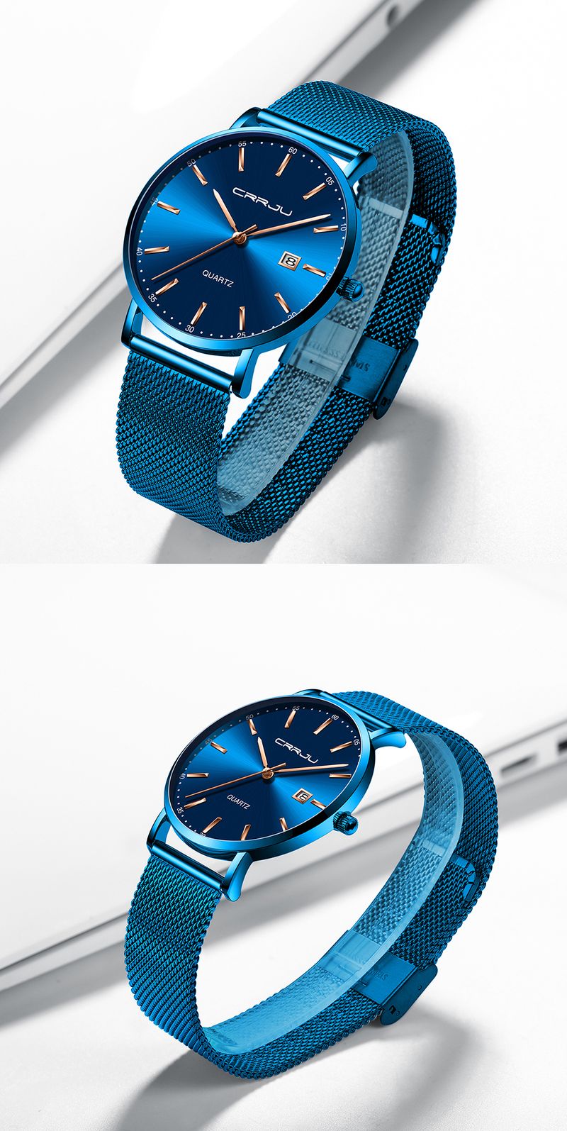 Orologio da uomo CRRJU, orologio da uomo sportivo con cinturino in maglia, orologio da polso al quarzo, elegante e sottile, di alta qualità, di lusso, blu, impermeabile_voghion.com