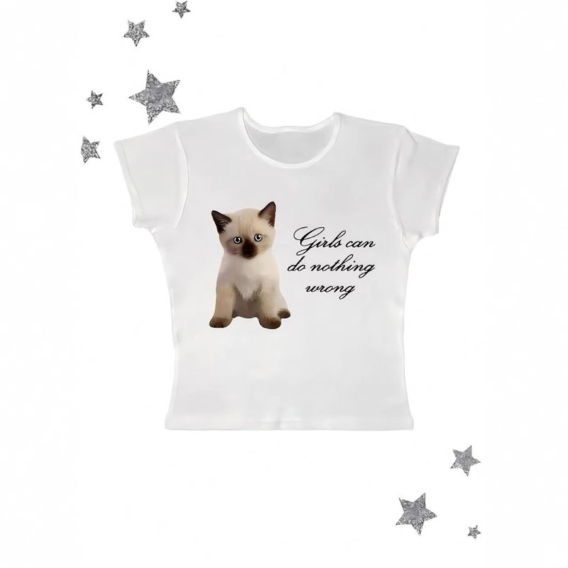 T-shirt court à manches courtes pour femme, style Y2K, imprimé animal chien, coupe slim, noir, sexy et tendance._voghion.com