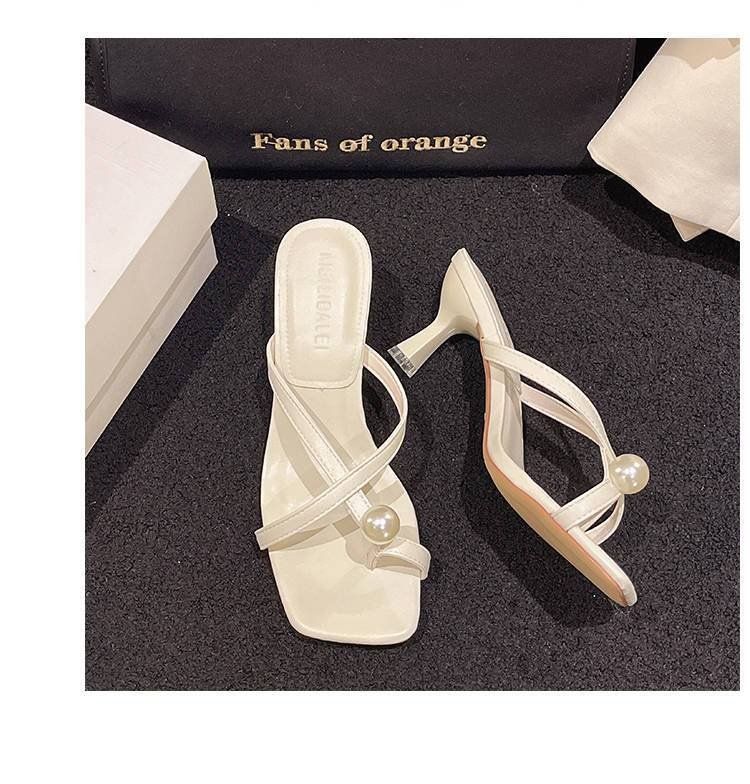 Tongs à talons hauts pour femmes - Sandales élégantes à perles pour l'été. Sandales compensées de plage élégantes à talon fin._voghion.com