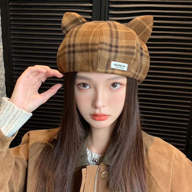 Dolce e carino berretto con orecchie di gatto in stile coreano, casual, versatile, antivento, ottagonale, moda autunno inverno, cappello caldo per le donne_voghion.com