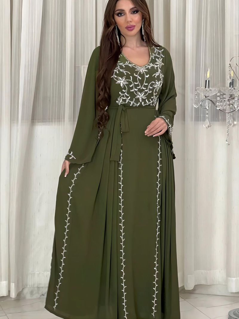 Abito da donna con ricamo e applique Abaya musulmano elegante da festa_voghion.com
