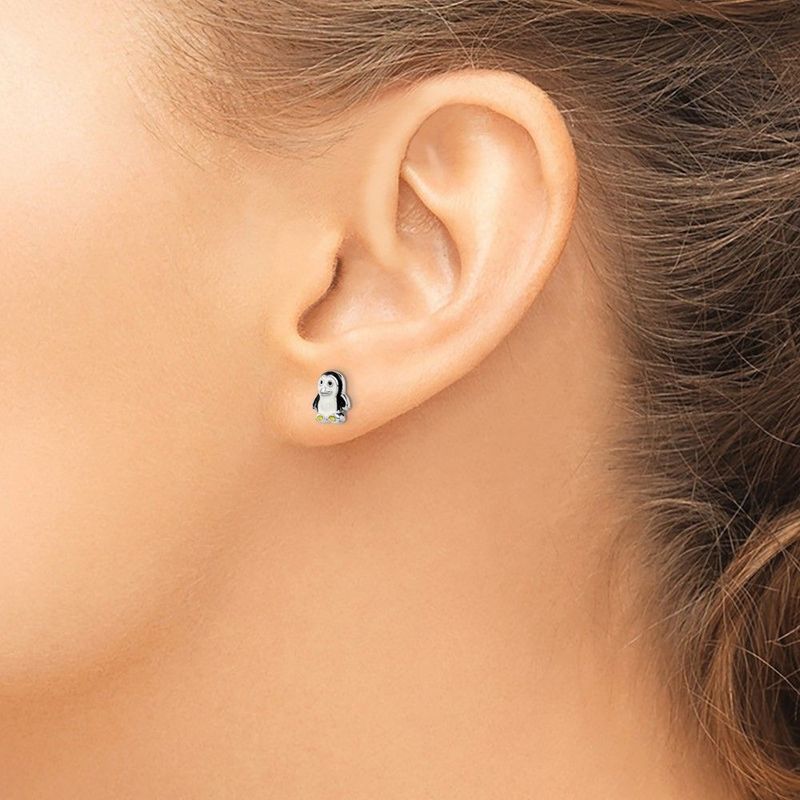 Sterling Silver Rhodium-plated Polished Multi-color Enameled Penguin Children's Post Earrings_voghion.com