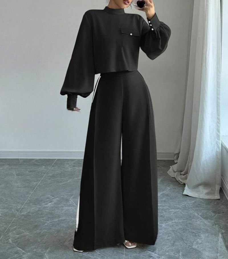 Women's Clothing casual half high collar lantern sleeves fashionable color matching wide leg pants suit_voghion.com