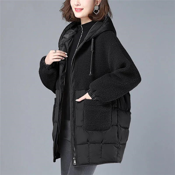 Frauen Gepolsterte Jacken Herbst Winter Mit Kapuze Oberbekleidung 2022 Lose S-4XL Unten Baumwolle Jacke Mid-Länge Lamm Wolle Dicken Mantel_voghion.com