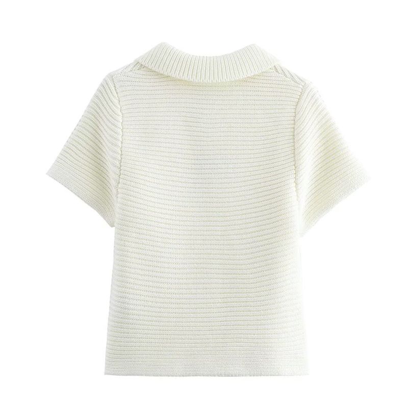 Abbigliamento donna autunno e inverno 2024 nuova moda di strada con bavero e fibbia maglione a maniche corte_voghion.com