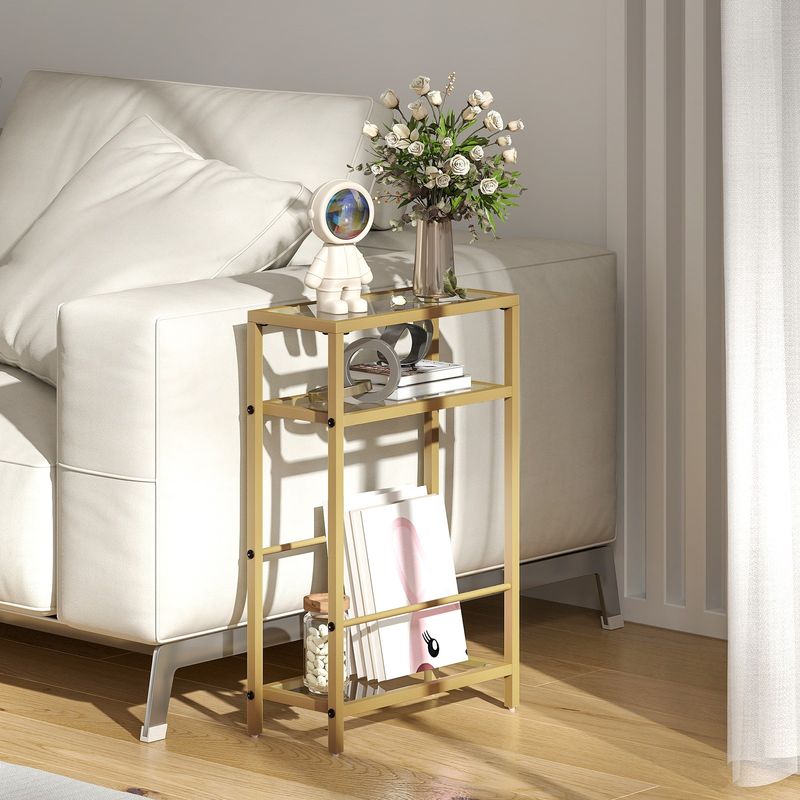 Narrow Side Table, 3-Tier End Table With Tempered Glass Tabletop, Gold Tone_voghion.com