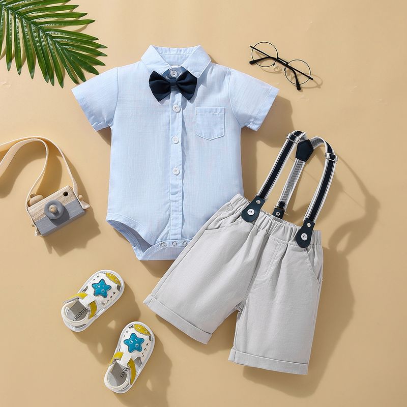 SAMGAMI BABY Ensemble trois pièces pour garçon, version coréenne, barboteuse à manches courtes, gilet et chapeau, blanc, nœud papillon, bretelles_voghion.com