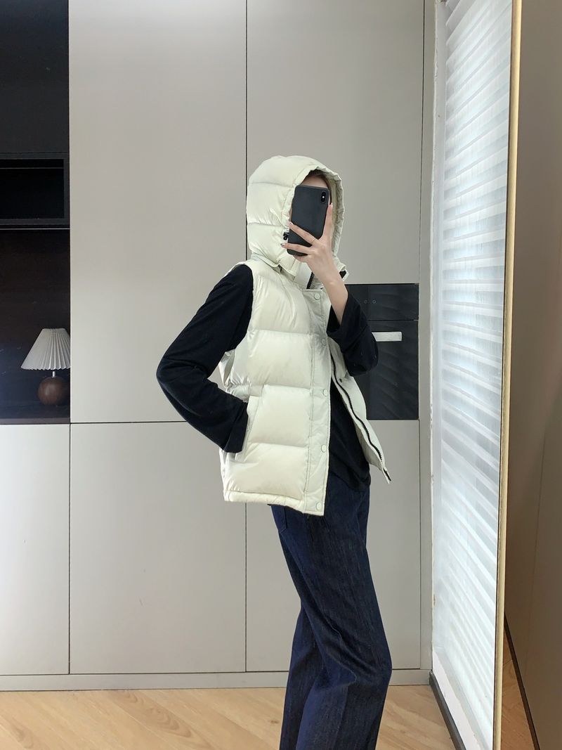 Women's Puffer Down Vest With Hood - Thickened White Goose Feather Filling, Lightweight & Warm Winter Coat (Gray, Black, Brown, Beige)_voghion.com