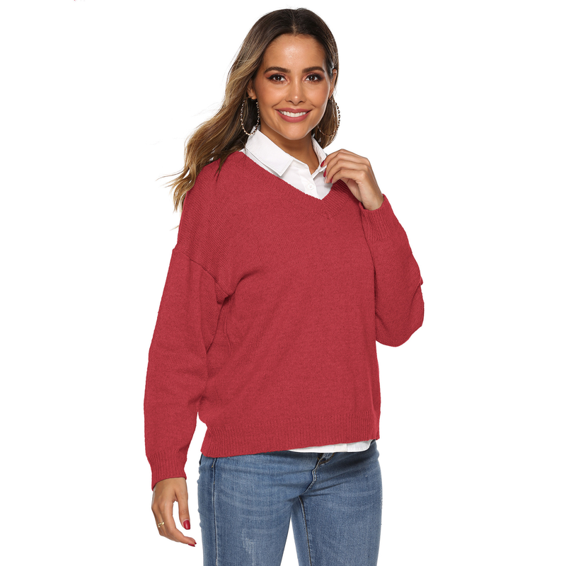Pull ample à col en v tissé simple pour femme, couleur unie, haut chaud_voghion.com