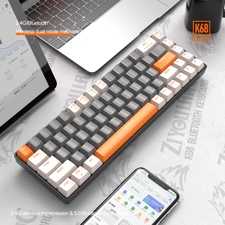 Free Wolf K68 Bluetooth Wireless Dual-Mode Customizable Color-Blocking Gaming Hot-Swappable Mechanical Keyboard_voghion.com