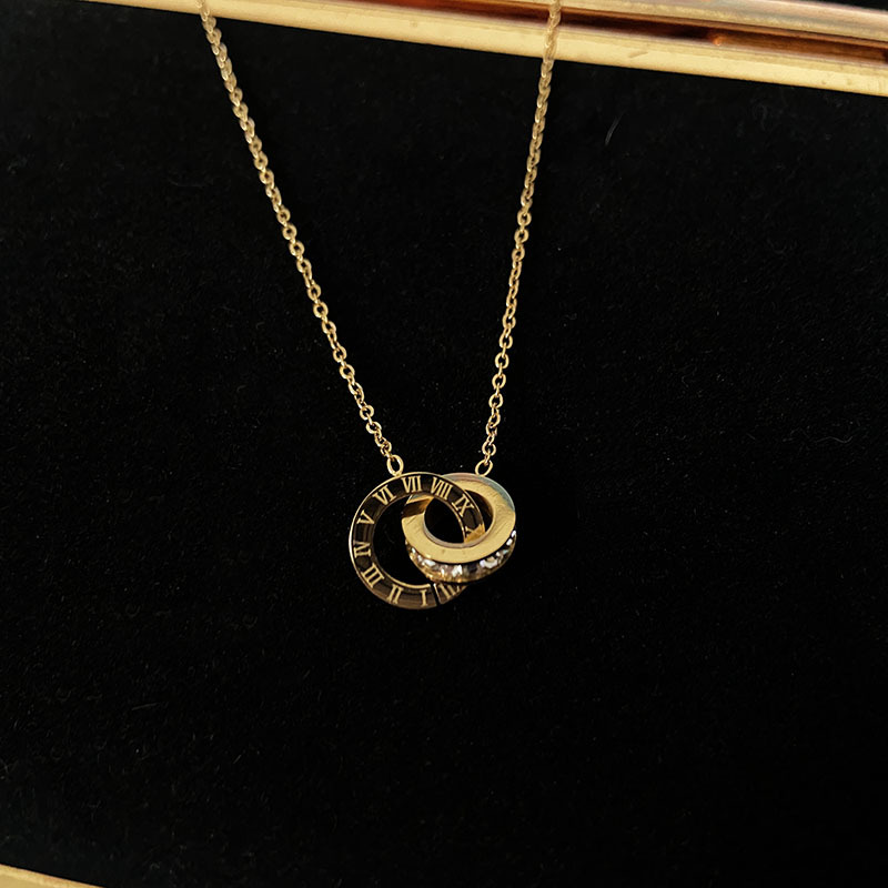 Titanium Steel Colorless Roman Digital Double Ring Necklace Women's Gold Pendant Light Luxury Collarbone Chain Simple_voghion.com