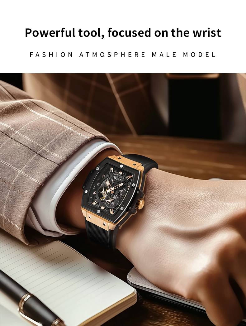 ROERDUM Cyberpunk Series Double Skeleton Dial Silicone Strap Black Dial Casual Stylish Men's Mechanical Watch_voghion.com