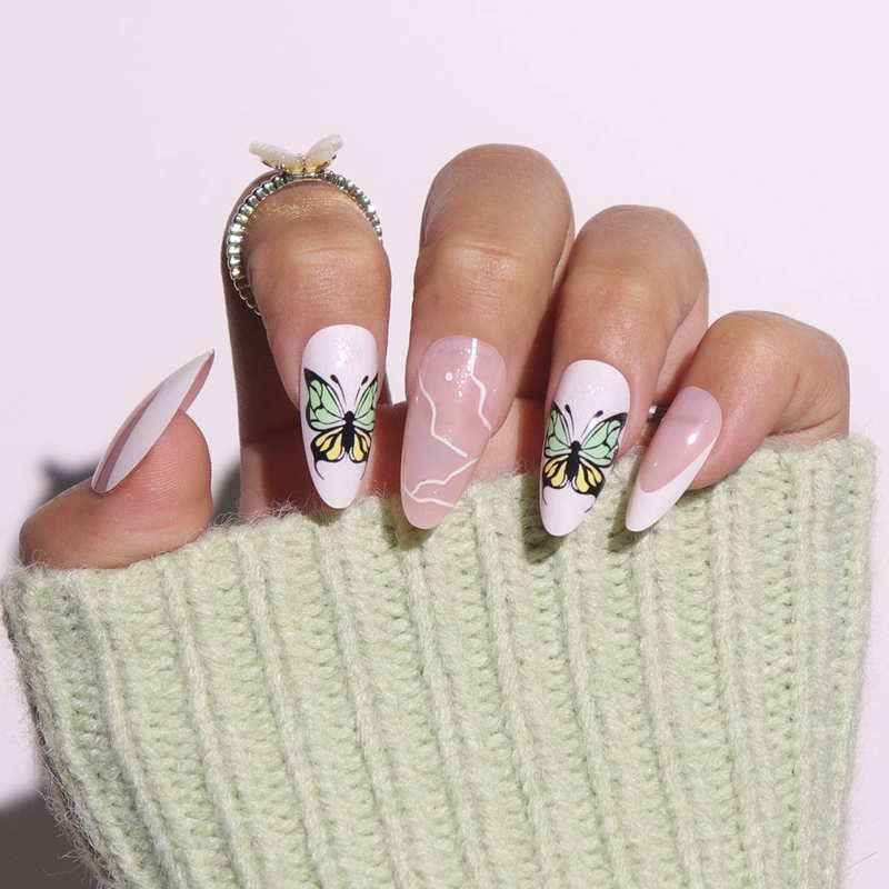Elegant French Butterfly Press-On Nails - Reusable Fake Nails With Glue & Gel Tabs, Sweet & Feminine Design, Perfect For Summer & Special Occasions_voghion.com