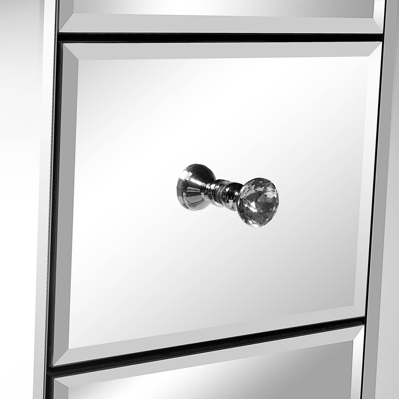 Table de chevet en verre miroir avec 3 tiroirs à boutons en cristal – Table de chevet argentée moderne pour une décoration de chambre glamour (taille S)_voghion.com