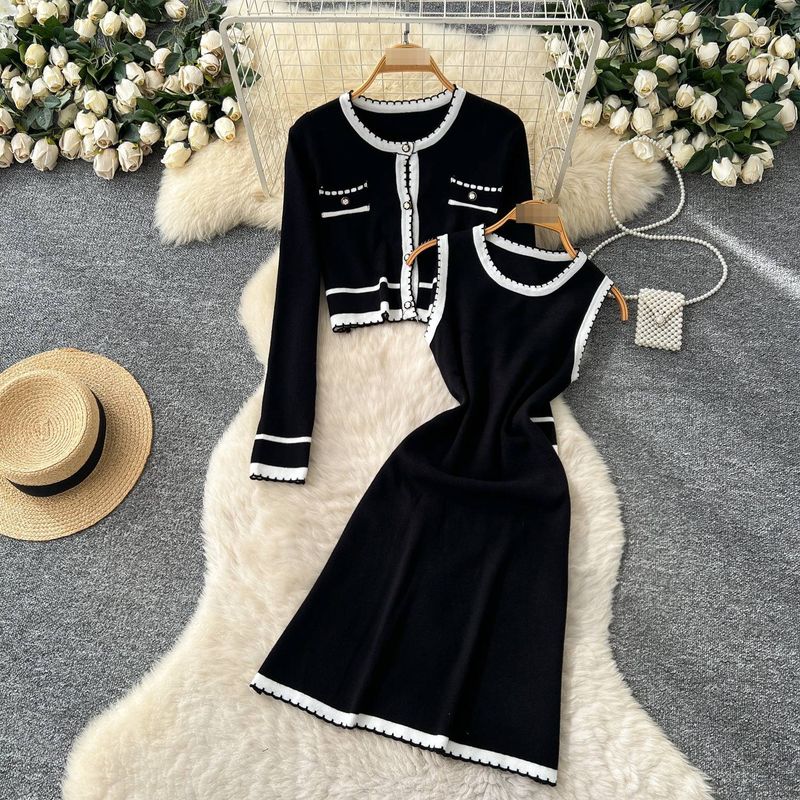 Elegante, tweedelige gebreide set voor dames - chique ronde hals, lange mouwen en mouwloze kokerjurk (beige/zwart, één maat)_voghion.com